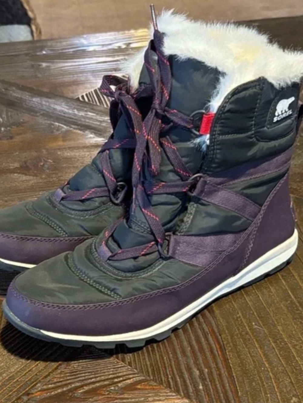 Sorel Women's Black/Purple Waterproof Winter Boots with Faux Fur